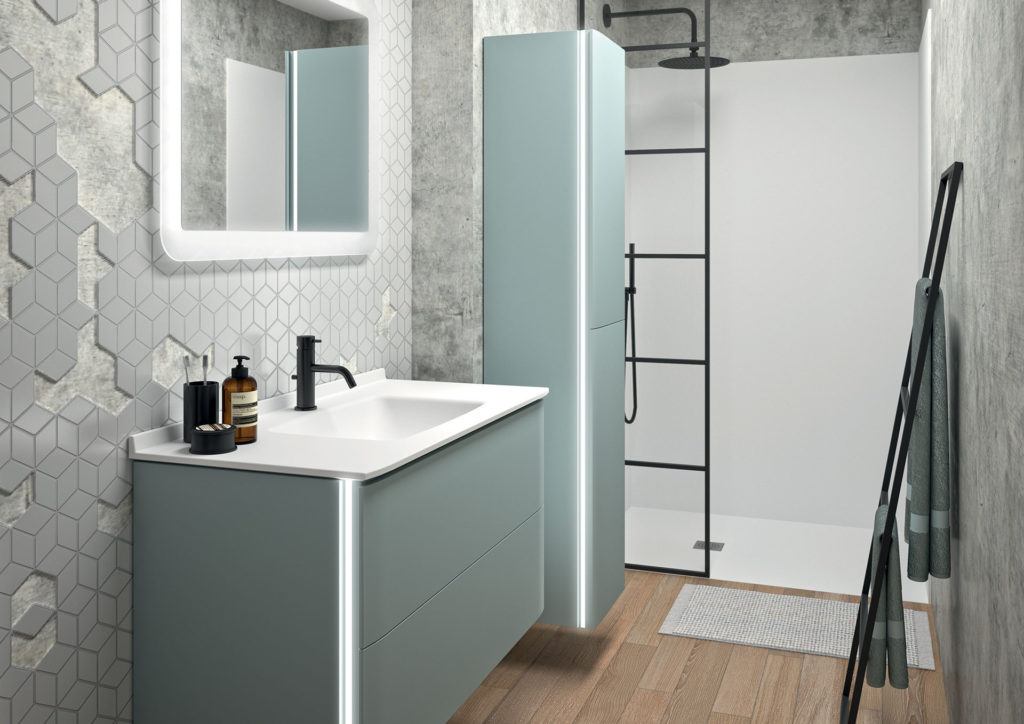meuble-vasque-bleu,-douche-avec-verrière,-colonne-et-miroir-led-ambiance-bain2