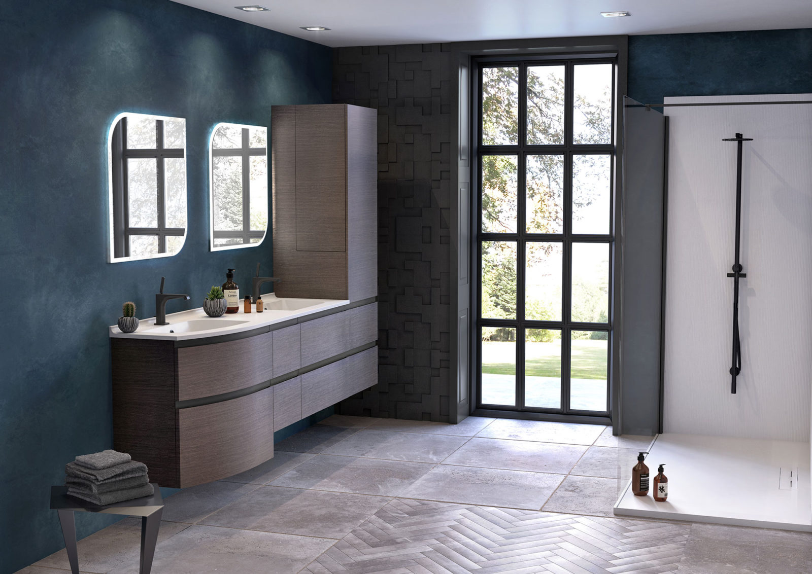 Meuble salle de bains double vasque bois foncé et noir, 6 tiroirs, colonne de salle de bains, miroir et douche blanche