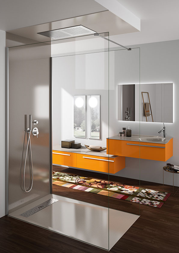 Meuble-vasque-Joya-Ambiance-bain-orange-et-gris,-vasque-de-designer,-miroirs-et-douche-grise2
