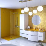Meuble vasque blanc salle de bains et jaune Aviso Ambiance bain, douche jaune, receveur jaune, panneaux muraux jaune et miroir rond