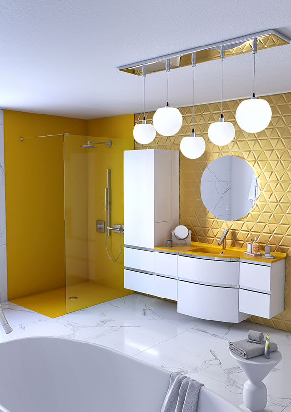 Meuble vasque blanc salle de bains et jaune Aviso Ambiance bain, douche jaune, receveur jaune, panneaux muraux jaune et miroir rond