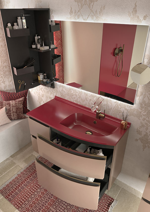 Meuble vasque salle de bains rose 4 tiroirs, miroir et demi-colonne Aviso Ambiance Bain