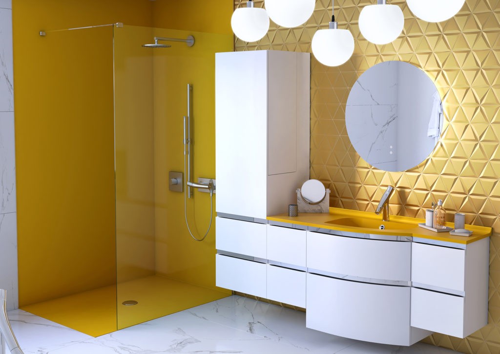 Salle de bains haut de gamme, Salle de bains jaune, Salle de bains marbre, Meuble de salle de bains Aviso Ambiance Bain blanc et jaune, douche à l'italienne jaune