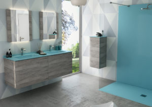 Salle de bains haut de gamme, Salle de bains bleue, Meuble de salle de bains Saxo Ambiance Bain double vasque bleu et bois gris, colonne suspendue, douche bleu, miroir