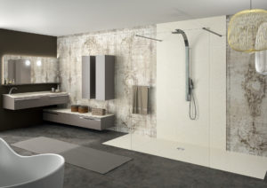 douche à l'italienne beige PMR Elegance Ambiance Bain, receveur de douche et panneau mural de douche beige, meuble de salle de bains taupe joya