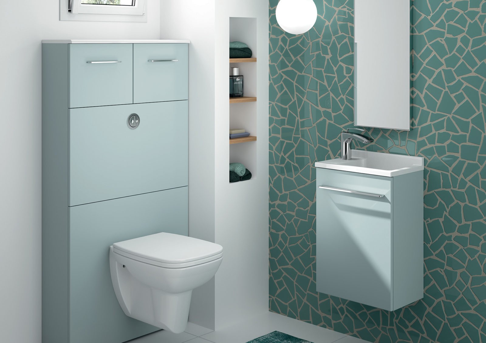 Toilette vert, lave mains vert et meuble wc suspendu Ambiance Bain avec bâti support geberit