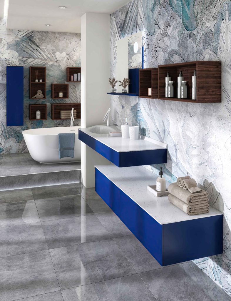Meuble de salle de bains bleu Joya ambiance bain vasque terrazzo