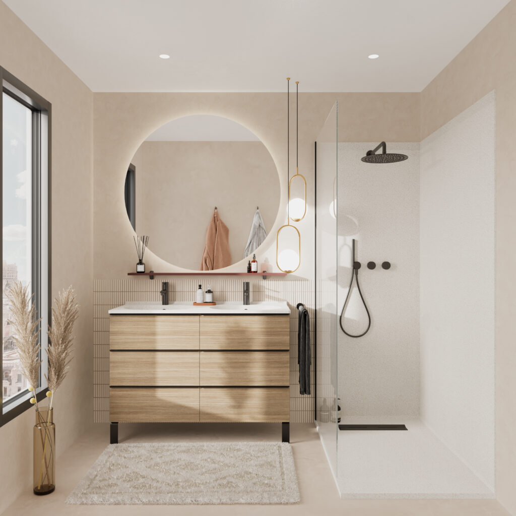 Salle de bains moderne de 4m² avec meuble six tiroirs et receveur de douche et panneaux de douche assortis.