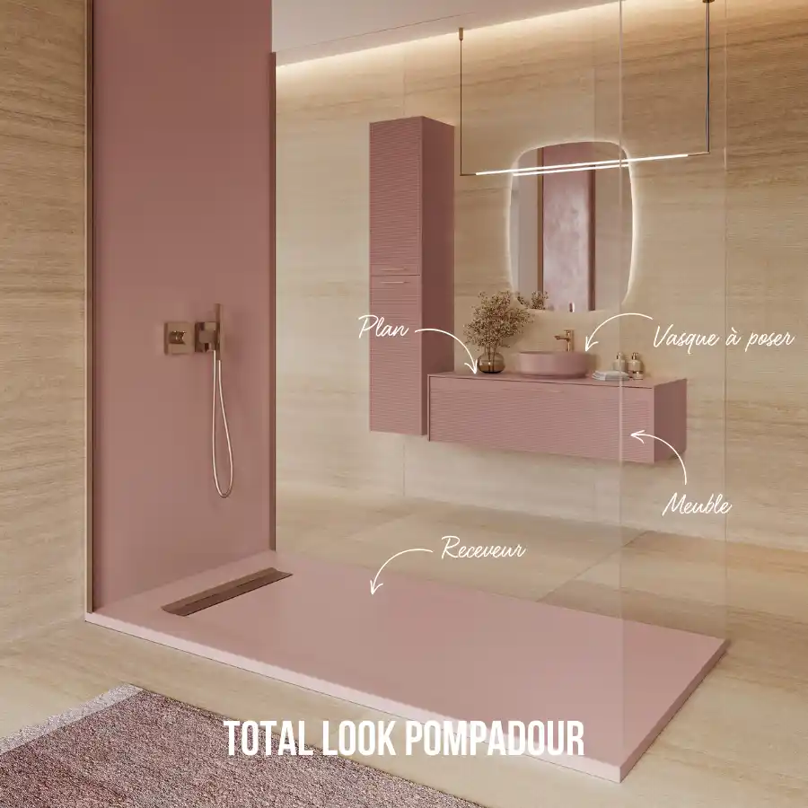 Meuble simple vasque à poser L.90cm, colonne, coloris Pompadour, SMO™ Pompadour, poignées or mat. Miroir L.90cm. Receveur Signature et panneaux muraux.