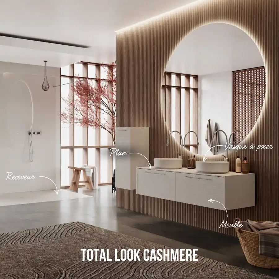 Meuble double vasque à poser L.140cm, demi-colonne, coloris Cashmere, SMO™ Cashmere, poignées chrome. Miroir diam. 120cm