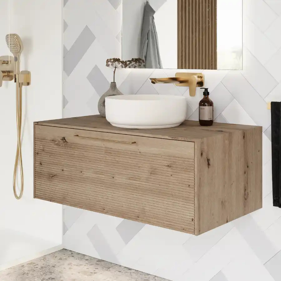 Meuble sous-vasque L.105cm, coloris F97 Chêne Naturel, vasque à poser, SMO™ Kaolin. Poignées or mat.